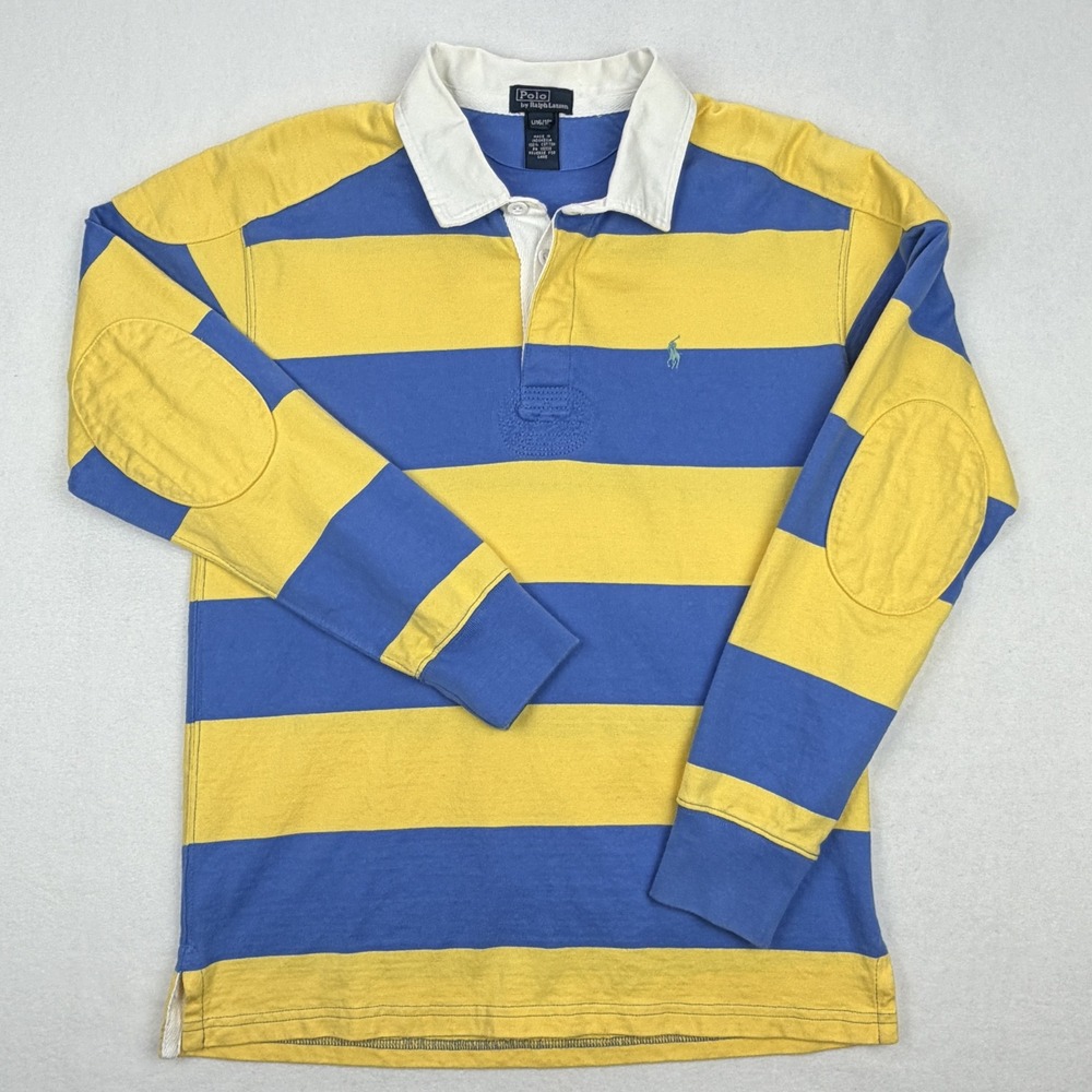 Polo Ralph Lauren Kids Yellow Blue Stripe Rugby Shirt Elbow Patches Size L 16-18